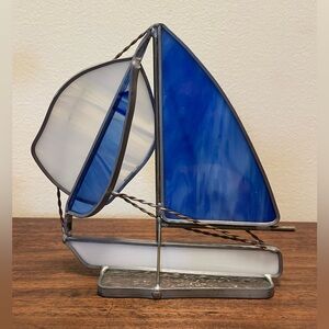 Blue and White Stained Glass Sailboat